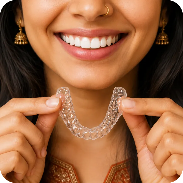 Woman holding a clear aligner tray
