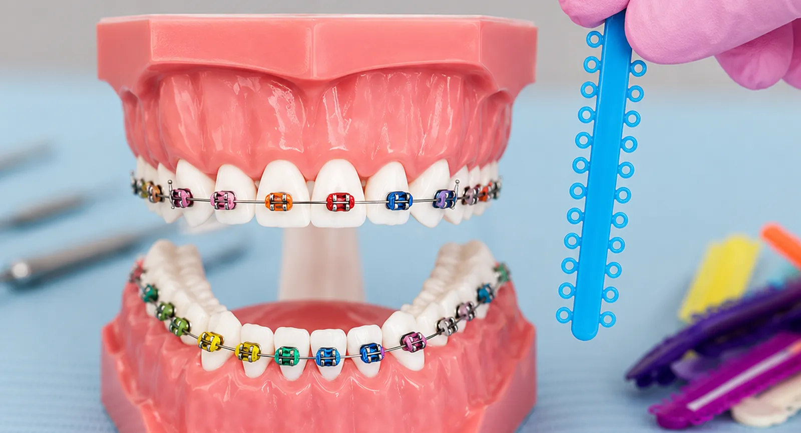Dentist presenting a braces model